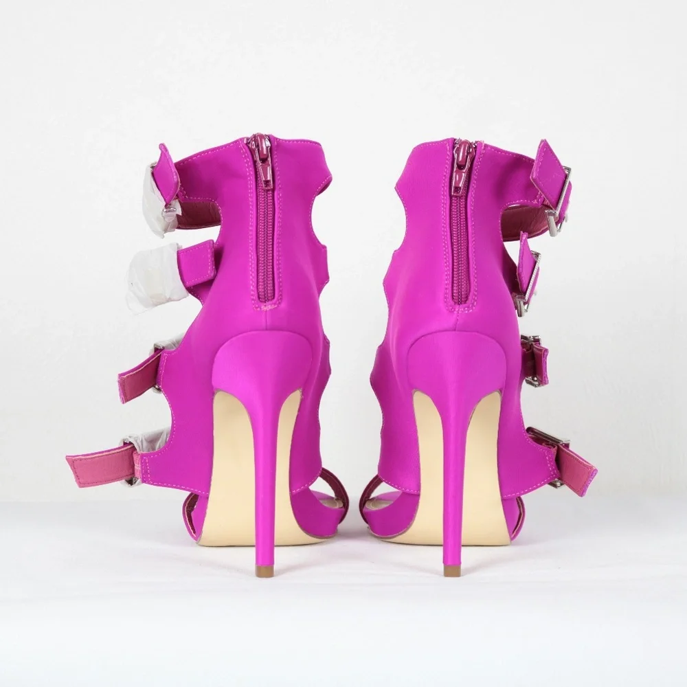 NEW JustFab "Connie" Fuchsia Buckle Up Strappy Stiletto Heels Sandals Size 7.5 - Picture 6 of 11